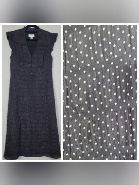 Vintage LOFT Ann Taylor Micro Polka Dot Dress Size 0 XS Black Sheer Ruffle